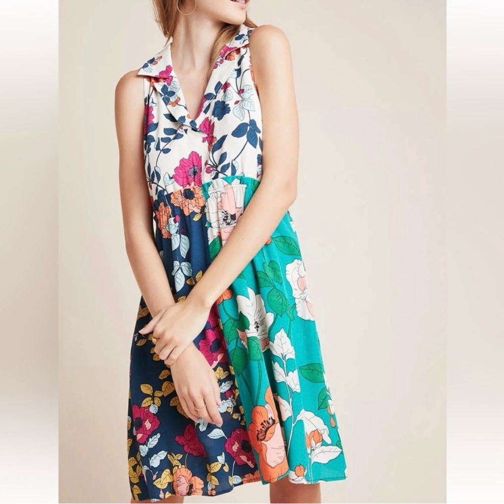 Anthropologie Dinah Collared Tunic Dress Floral Pockets 4P Petite Women’s